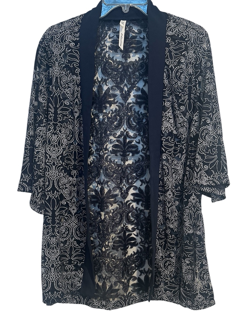 NY Collection Women's Sheer Navy and White Kimono Cardigan-Medium